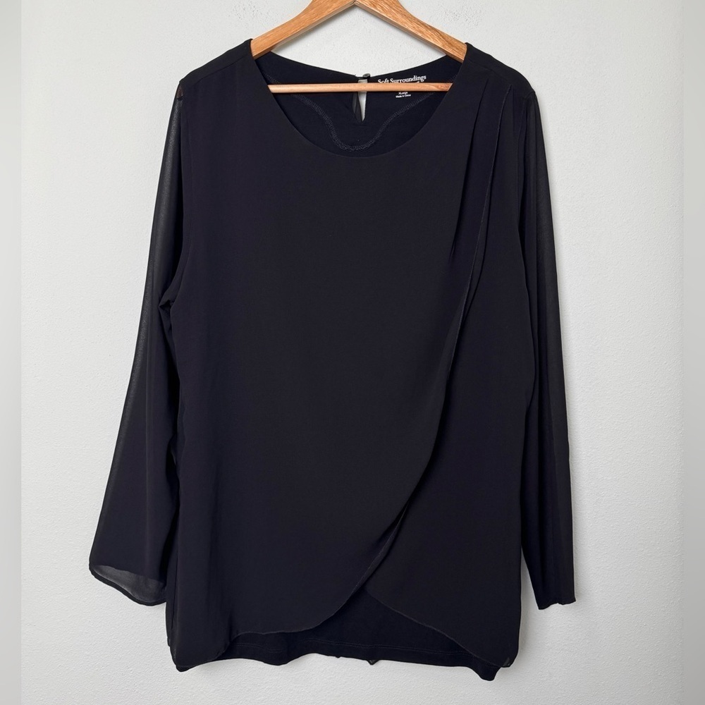 Soft Surroundings Top Belvedere Blouse Sheer Sleeves w/Layers in Black Size XL‎